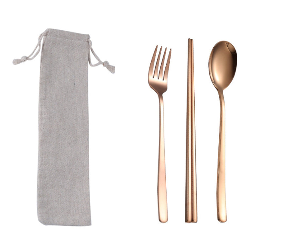Custom Logo Korean drawstring bag stainless steel tableware 3-piece set | Premium Corporate Gifts and Custom Gifts